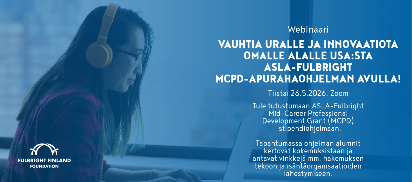 Main photo for the MCPD Information Session. Text on blue background with a photo of a woman by a laptop.