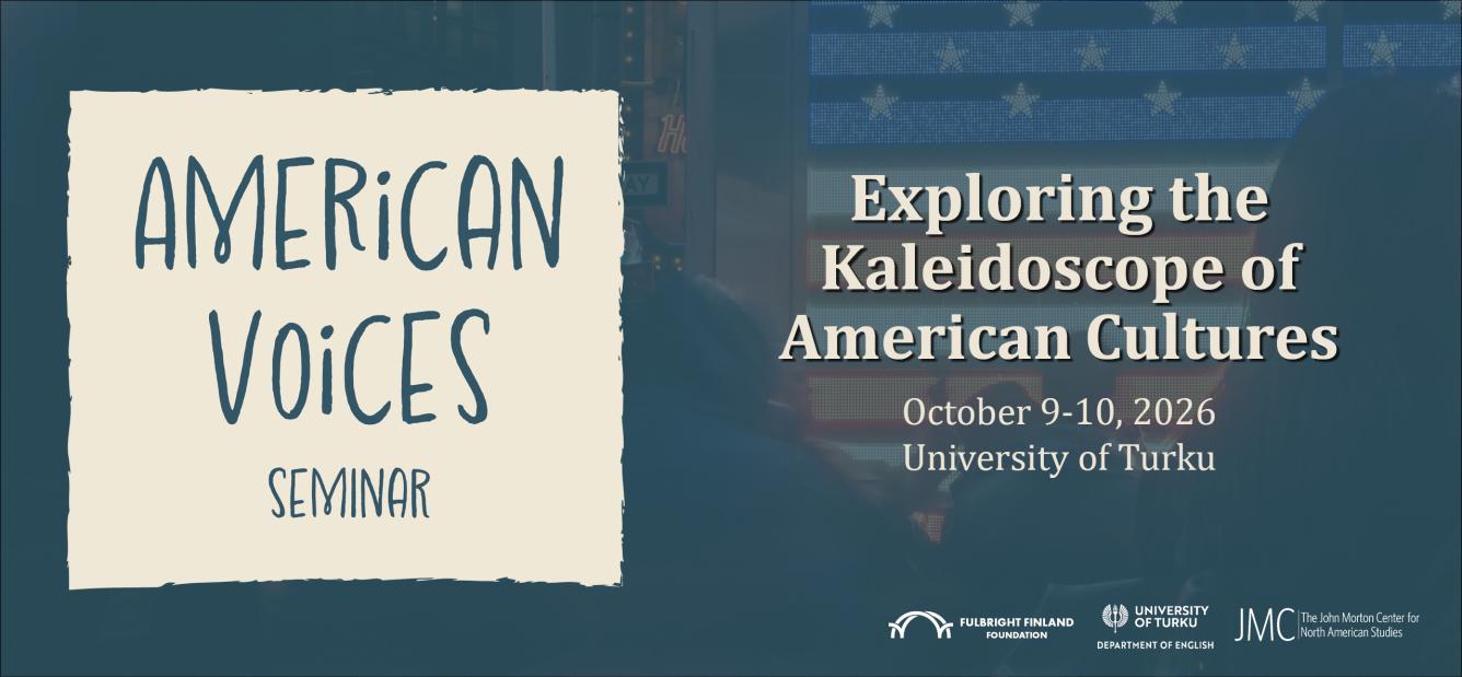 Event poster announces “American Voices” seminar, “Exploring Kaleidoscope of American Cultures,” scheduled for October 9–10, 2026, at University of Turku. Navy-blue background, cream torn-paper title panel, American flag motif, and institutional logos.