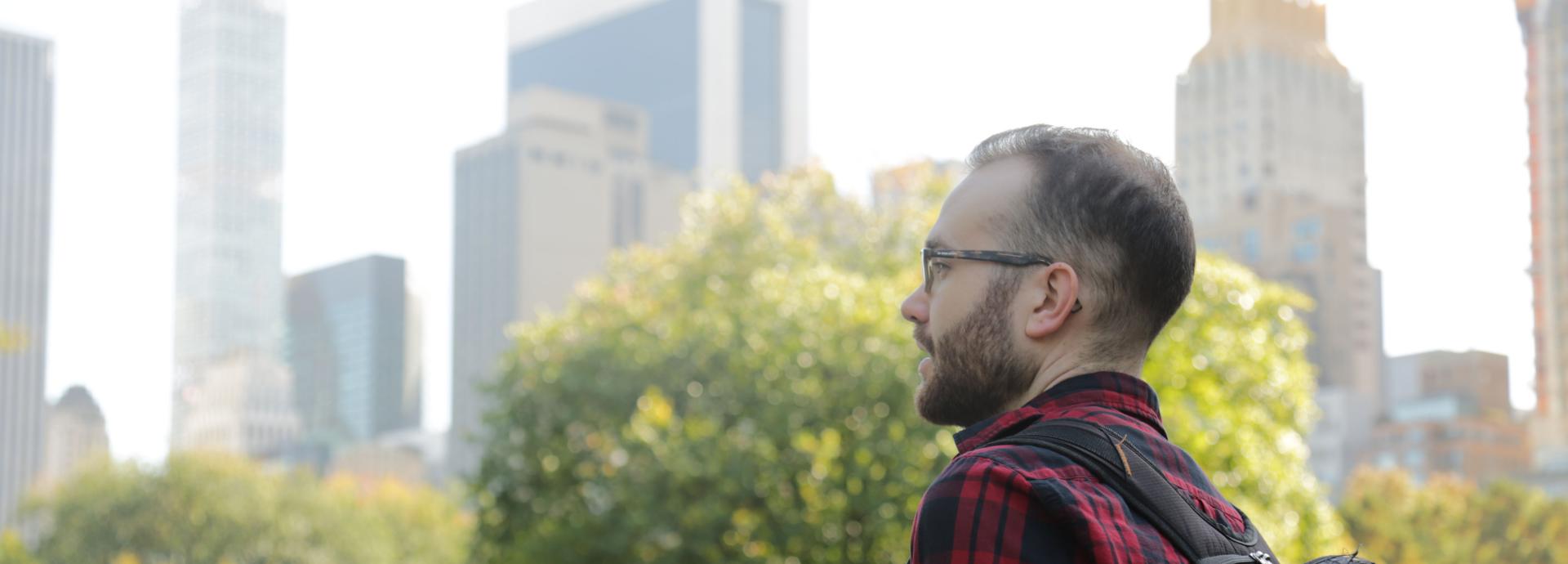 Undergraduate grantee Richard Söderlund with skyscrapers in the back