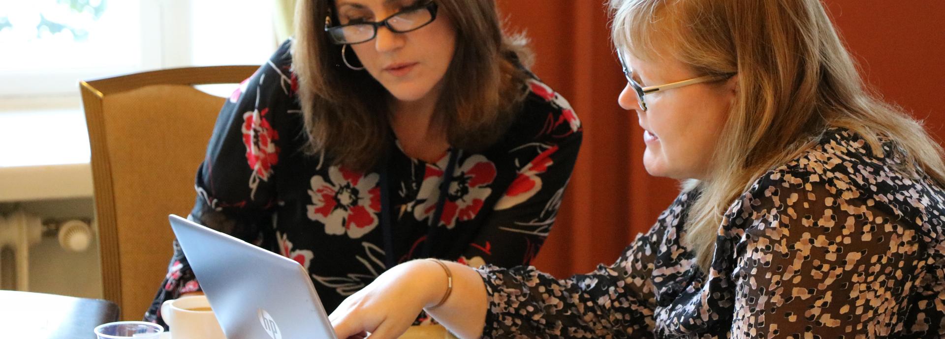 Mercer University and University of Turku representatives discussing and looking at a laptop during the IAPP delegation visit to Finland