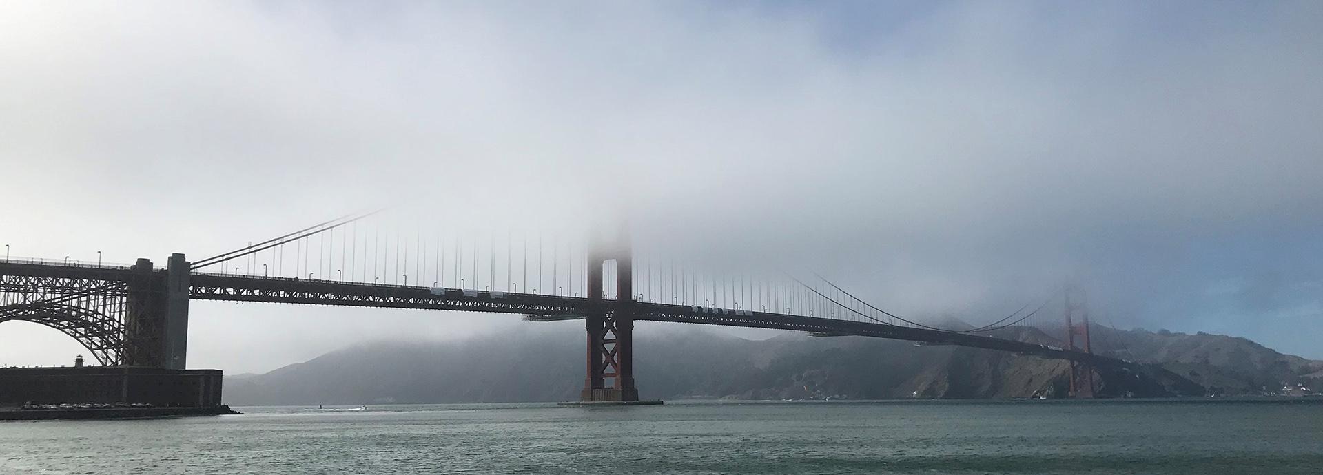 Golden gate on a foggy day.