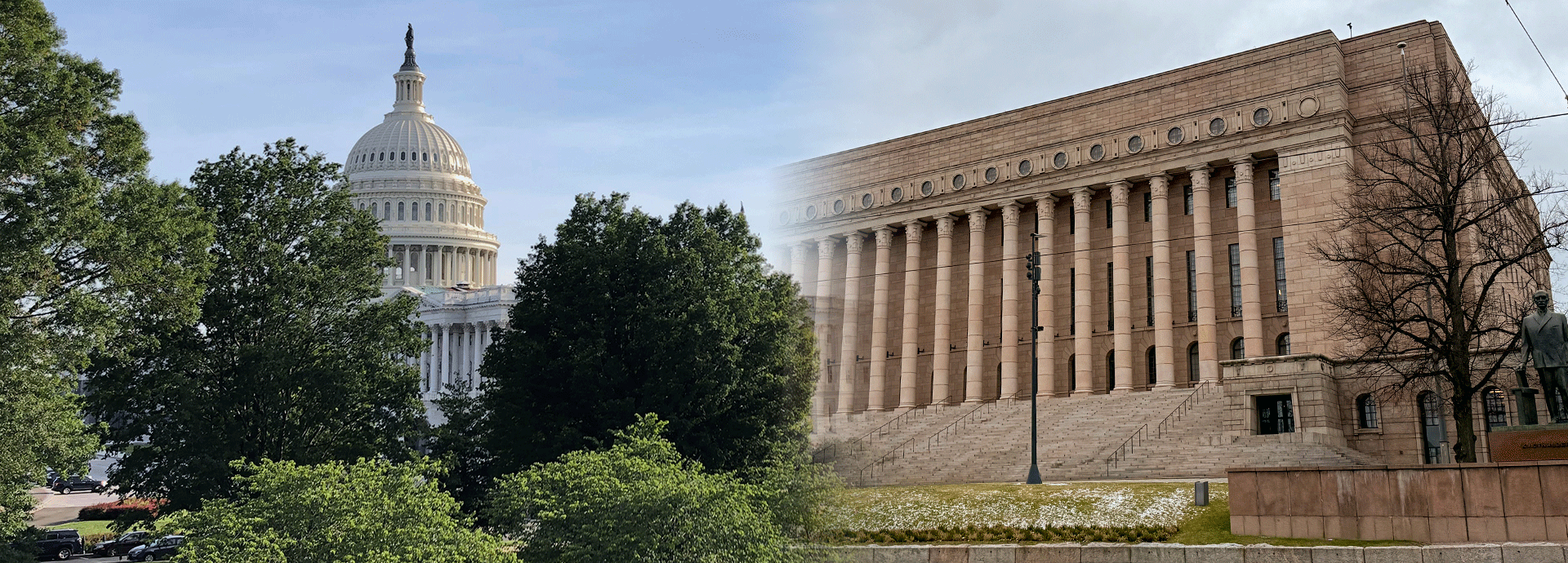 Photos of the Capitol Hill building and Finnish Parliament Building morphed together