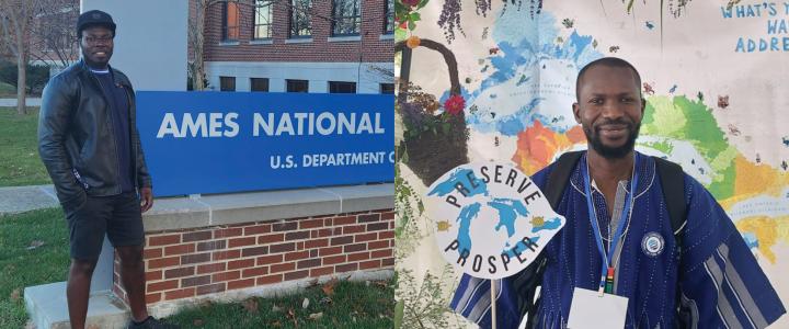 Two photos next to each other of Fulbright-KAUTE Foundation awardees 2024-25. On the left, Emmanuel Abu-Danso next to Ames Laboratory sign. On the right, Larry Abdullai holding a round sign saying "preserve - prosper".